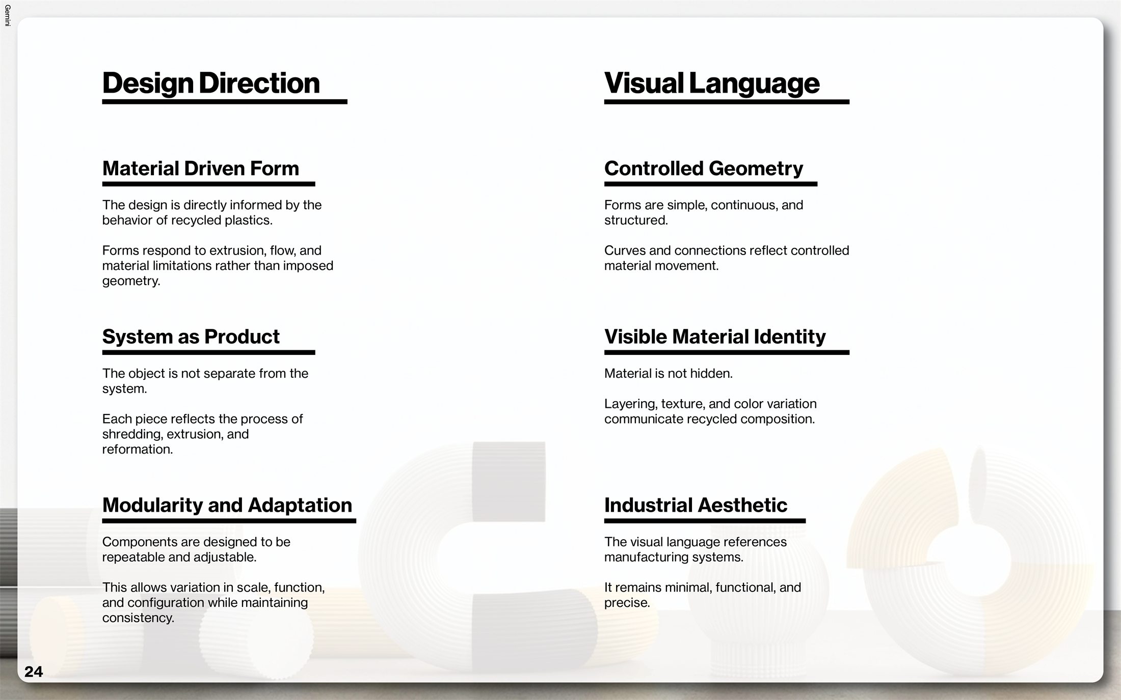Design direction panel defining controlled geometry, visible material identity, modularity, and industrial restraint.