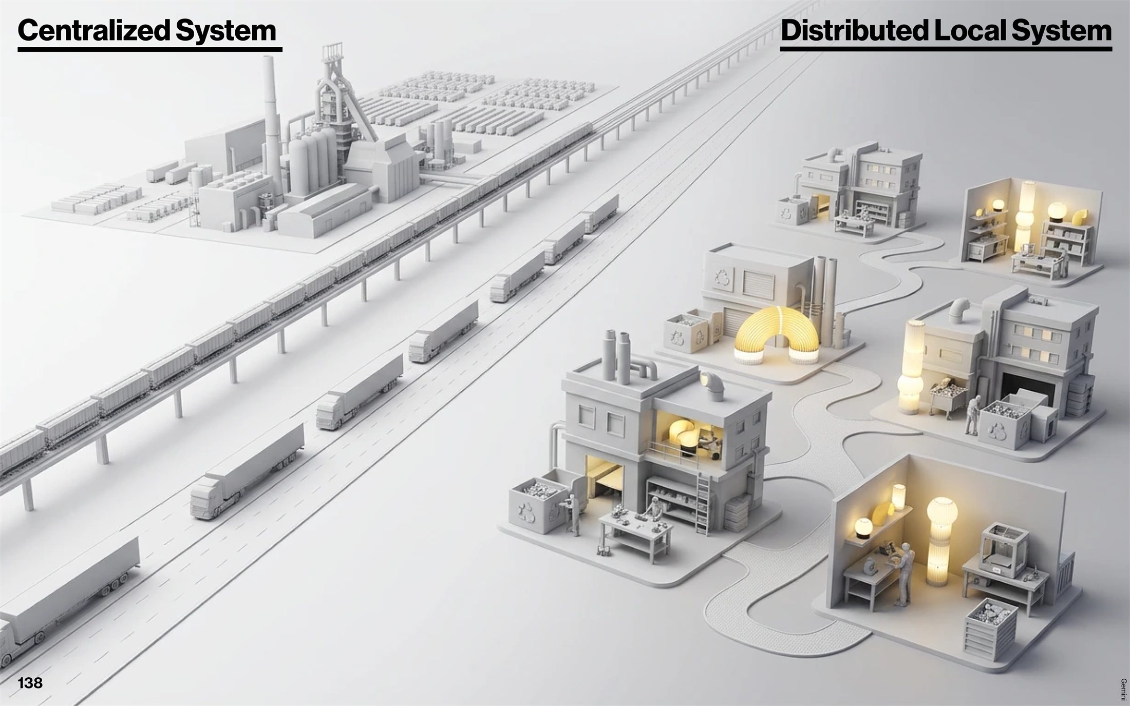 System diagram comparing centralized waste processing with distributed local manufacturing.