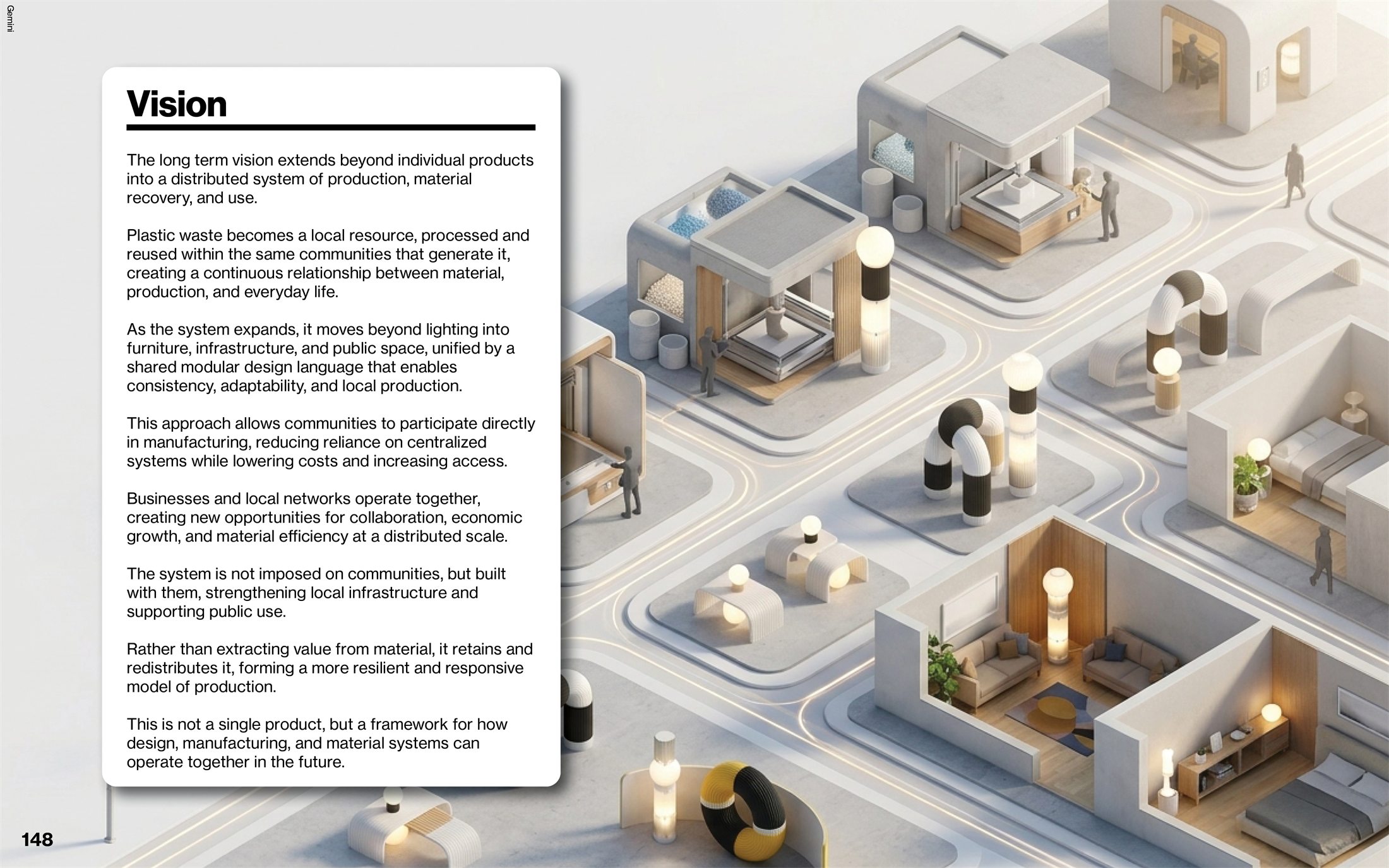 Distributed circular manufacturing vision showing local production nodes and designed product outputs.