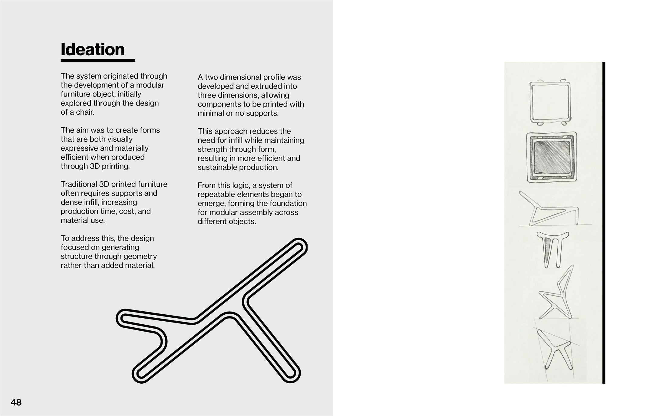 Ideation panel showing chair studies, system logic, and the move from single products toward repeatable structures.