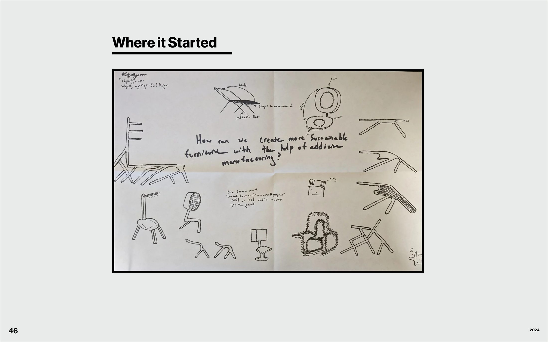 Early sketch exploration testing furniture forms, modular connections, and material-efficient structures.