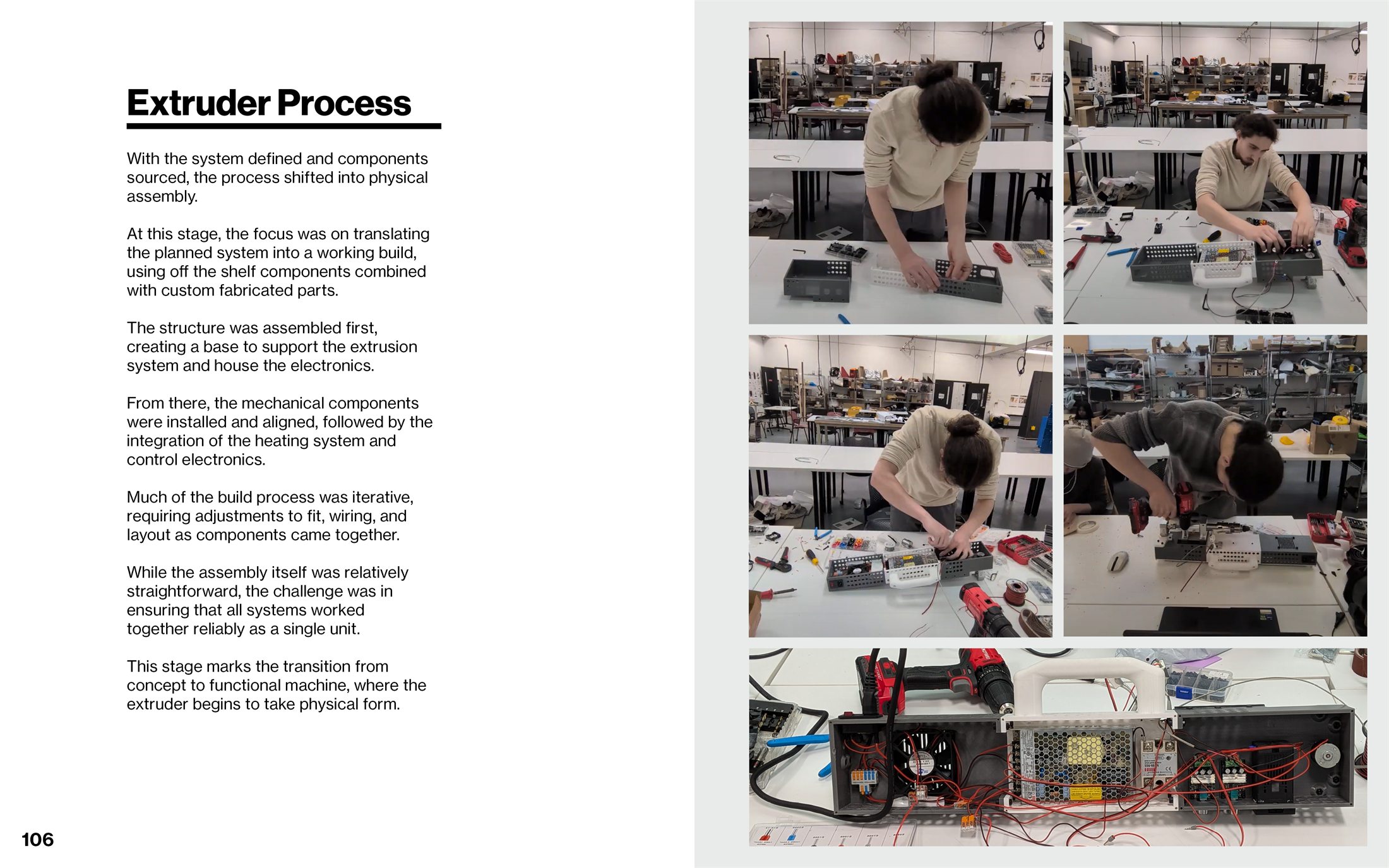 Extruder development showing mechanical layout, control wiring, and electronics assembly.