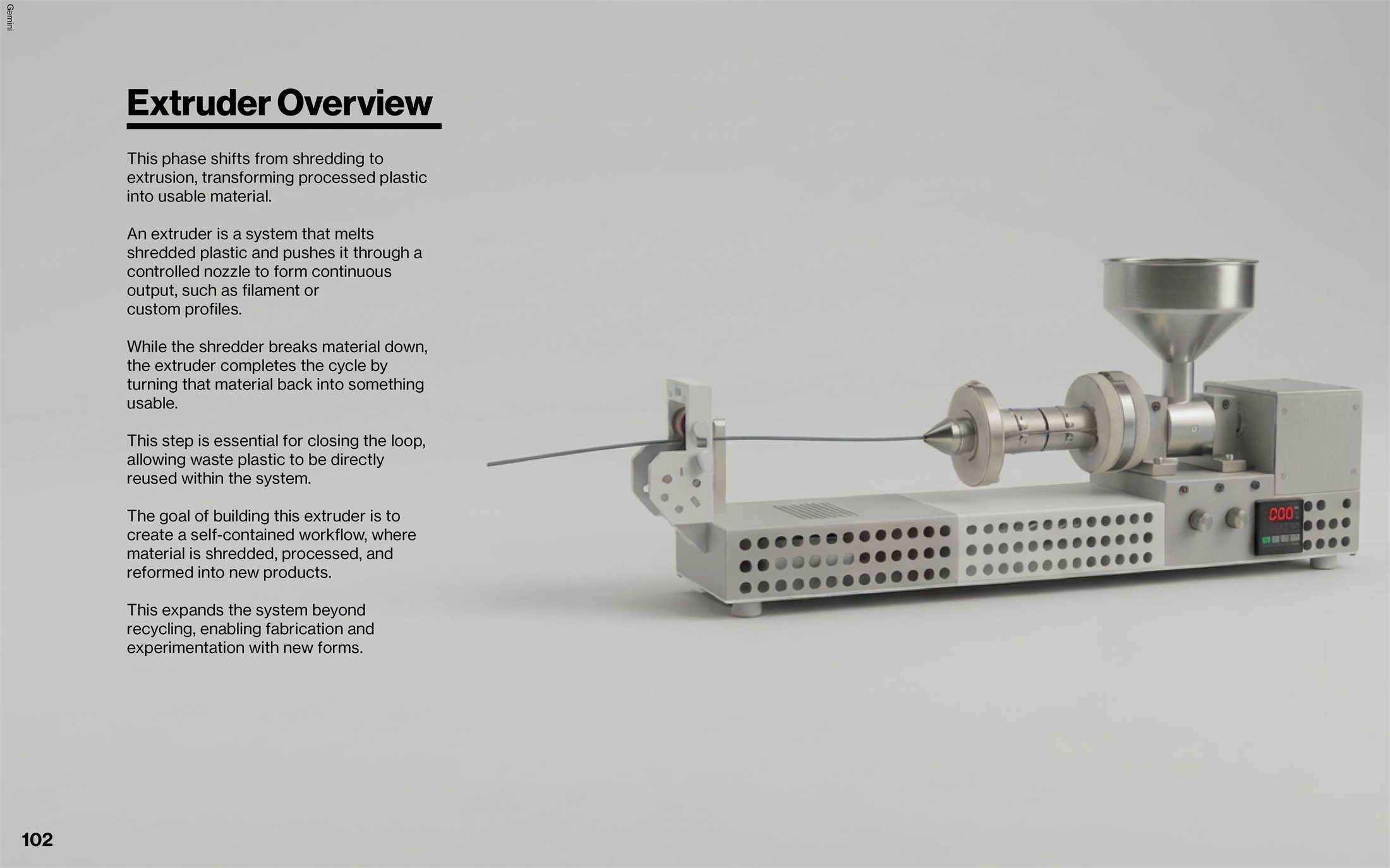 Extruder overview showing hopper, auger, heater, pulling system, and control components.