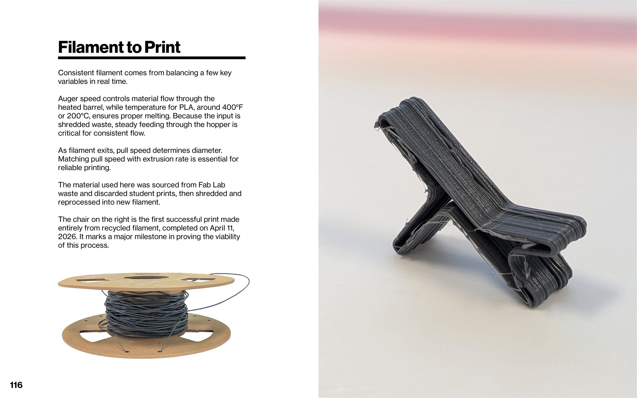 Recycled filament on a spool beside a printed product test.