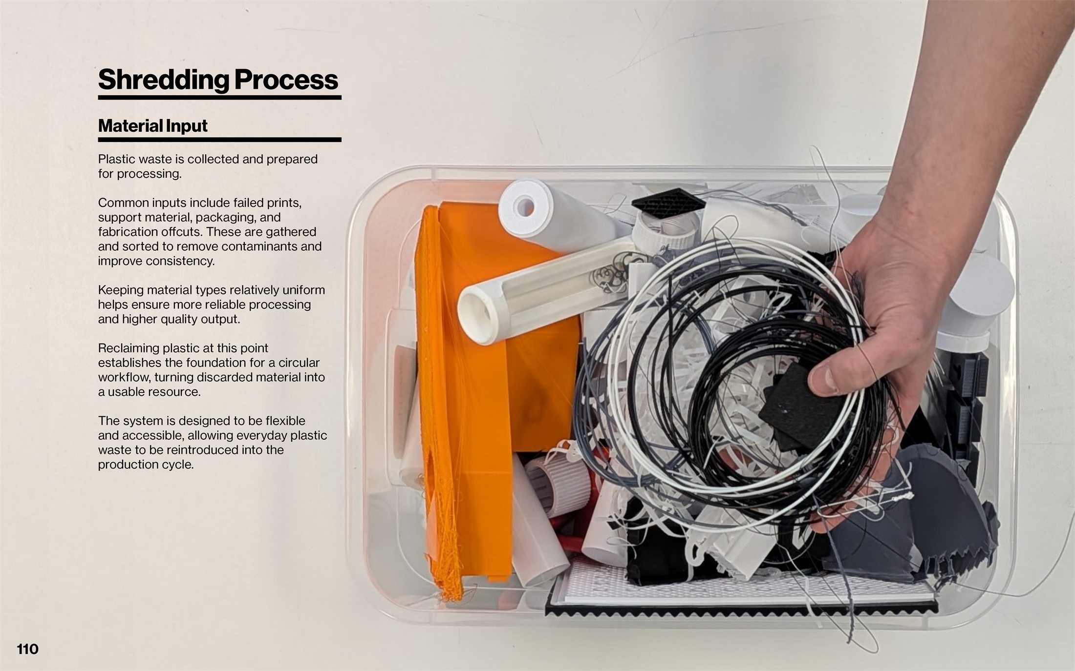 Failed prints, supports, and plastic scraps gathered as material input for the circular loop.