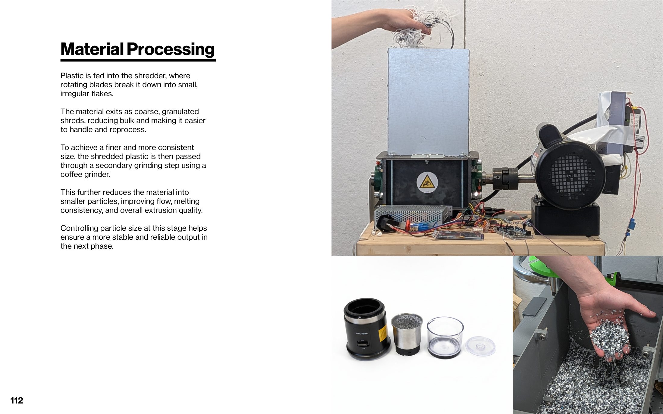 Material processing through shredding, sorting, and flake handling.