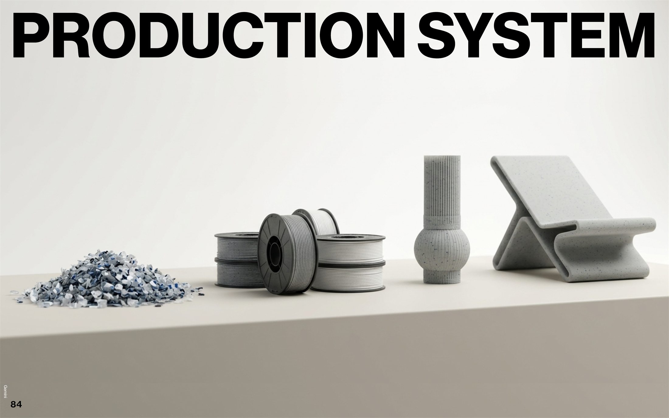 Production system composition showing shredded plastic, recycled filament, printed components, and product output.