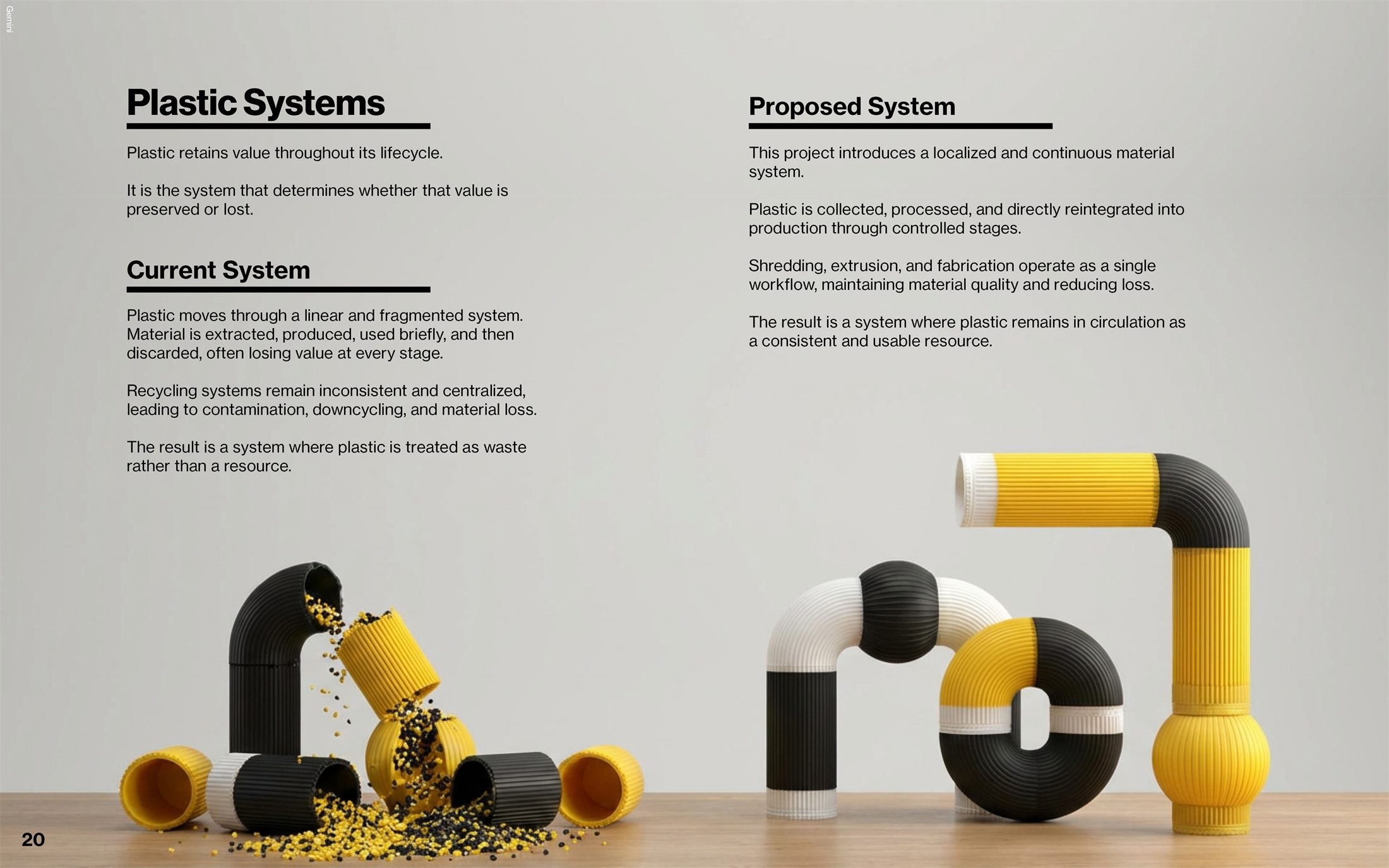 System comparison graphic contrasting distant recycling with a local PlastiVista manufacturing loop.