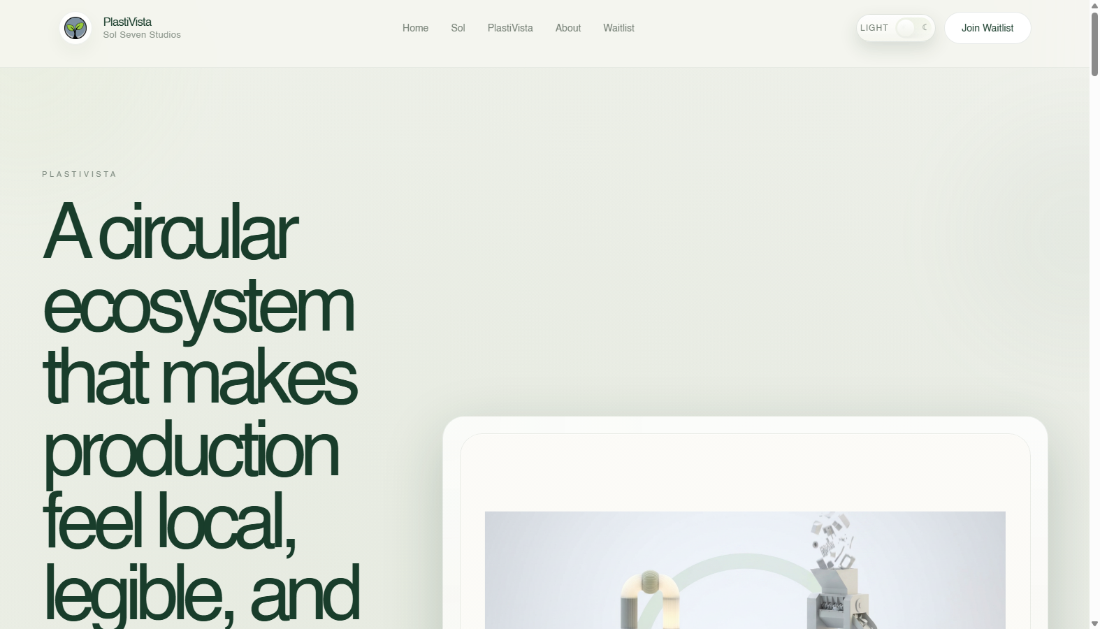 Live PlastiVista system site showing the circular manufacturing platform and waitlist path.