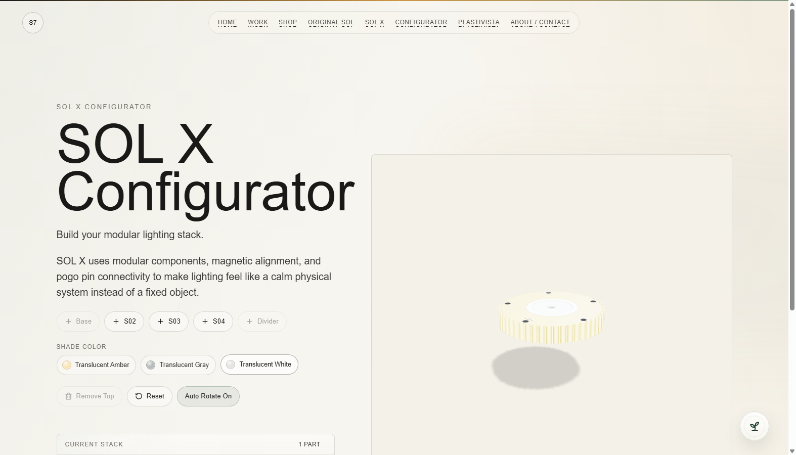 Live Sol Seven Studios configurator prototype showing modular lamp controls and product visualization.